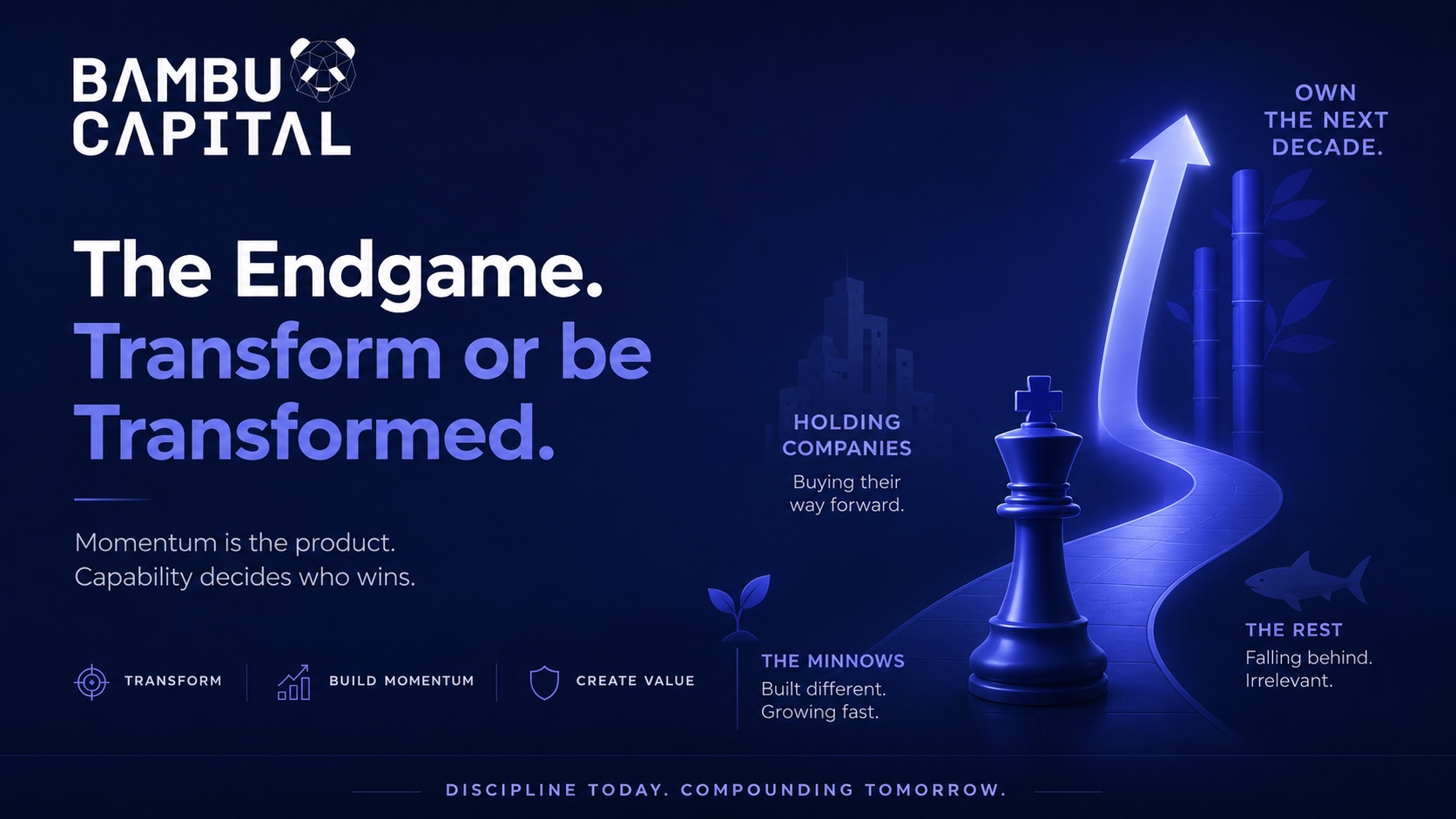 The endgame: transform or be transformed. Momentum is the product and capability decides who wins. The holding companies buy their way forward, the minnows are built different and growing fast, and the rest fall behind.